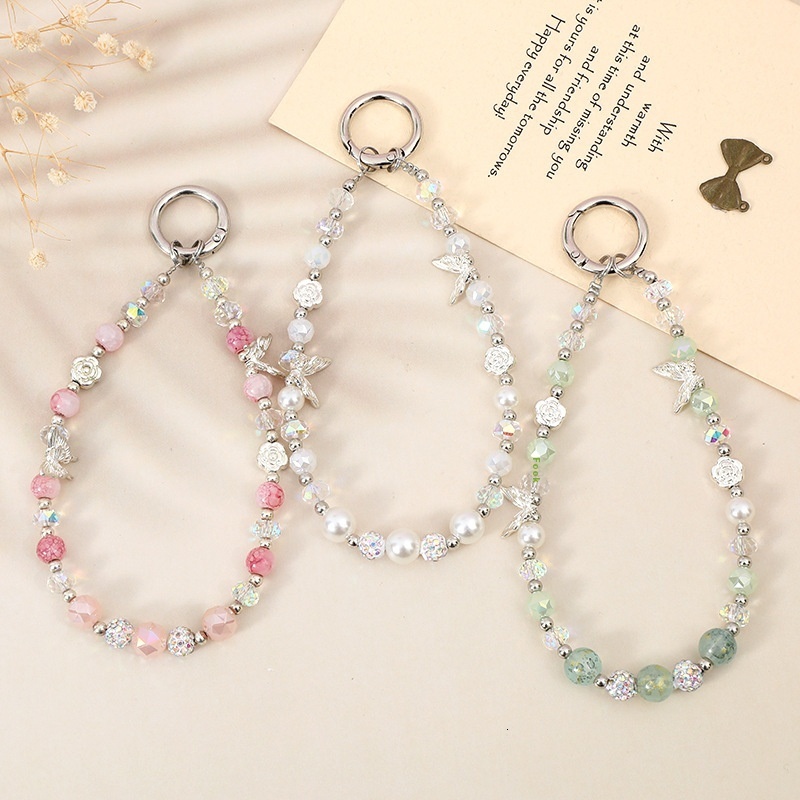 Ins Fashion New Phone Rope Crystal Butterfly Bead Accessories Wrist Keychain Pendant Hanging Chain