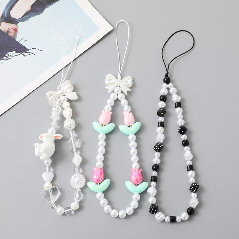 New pearl bow mobile tulip CCD camera lanyard phone case hanging decoration anti fall jewelry chain