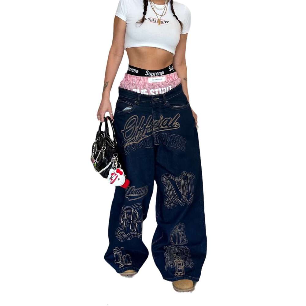 Low waisted design with printed wide leg mop American style spicy girl street hanging jeans, personality