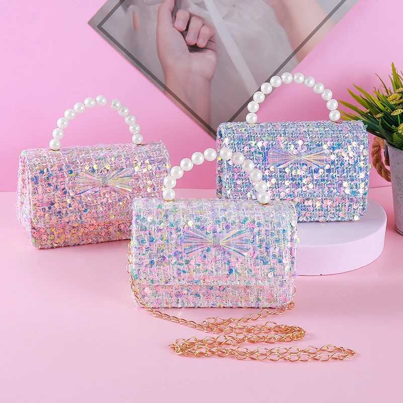 2024 New Girl Mini Wallet Cute Laser Bow Childrens Princess Cross Body Bag Childrens Day Baby Pearl Handbag W240906
