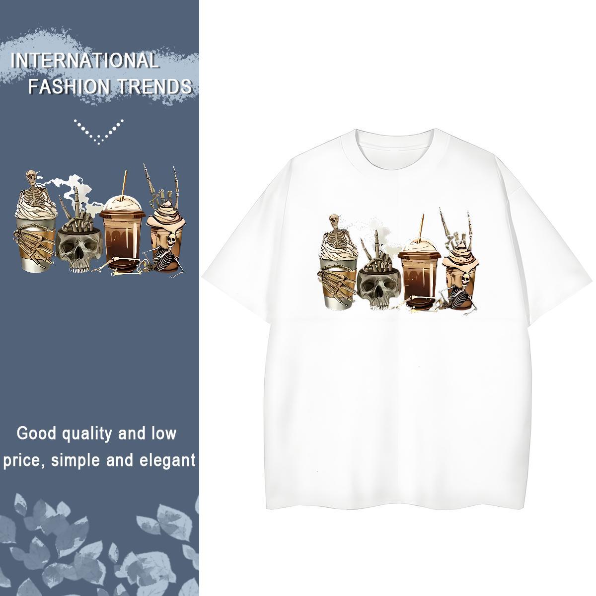 2024 Casual T Shirts Women 100% Cotton 230g Breathable Soft Casual Daily Wear halloween Women Tshirts Loose Cartoon Floral Printing Tops