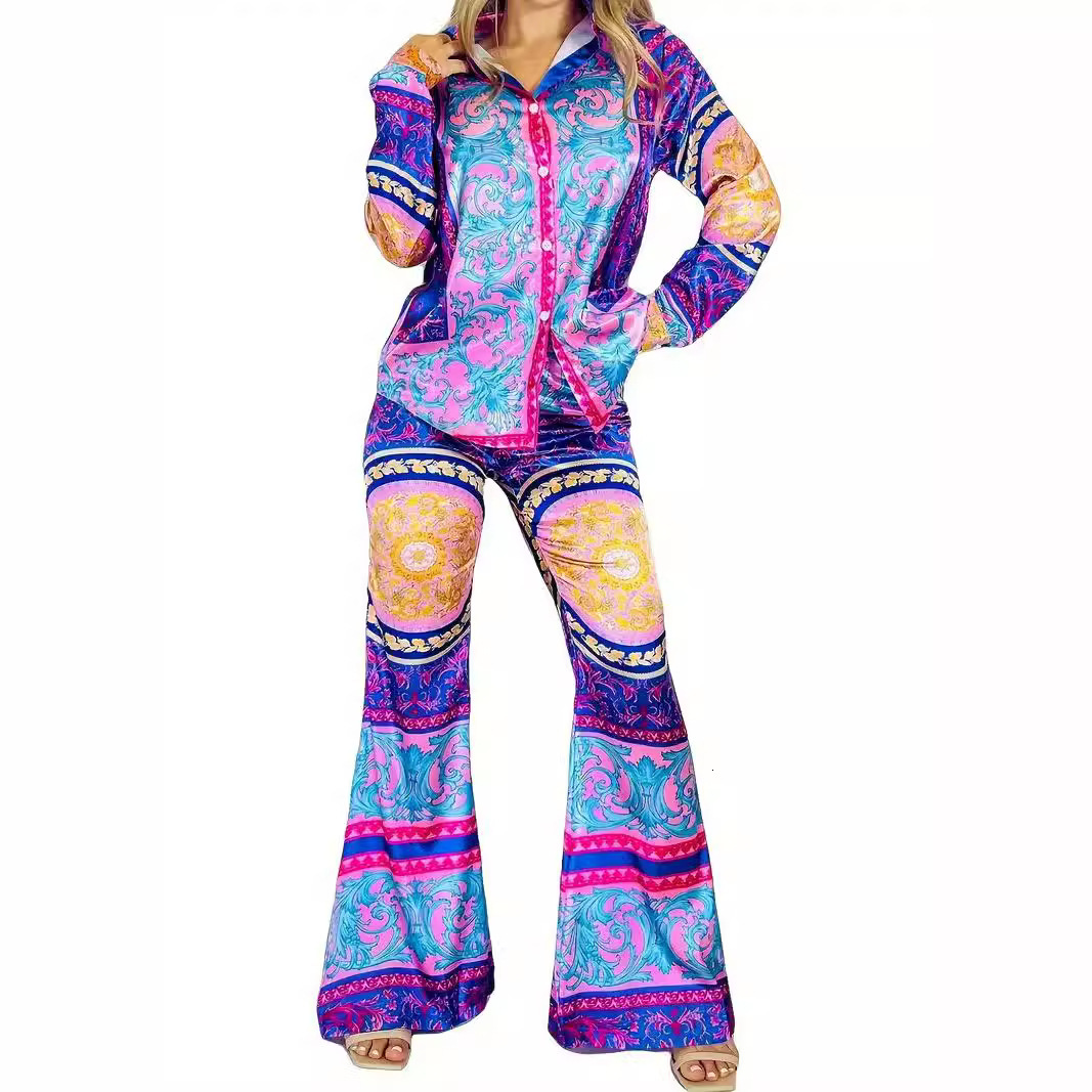 2024 Fall Fashion Womens Tracksuit Printed 2 Piece Set Women Long Sleeve Shirt Top Loose Straight Leg Pants Sets For Women Outfits