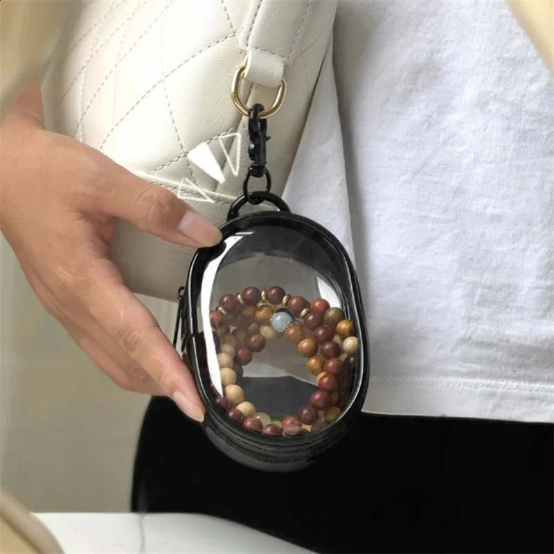 PT019,round black PVC transparent makeup jewelry organizer portable data cable headphones coin charger storage bag 240907