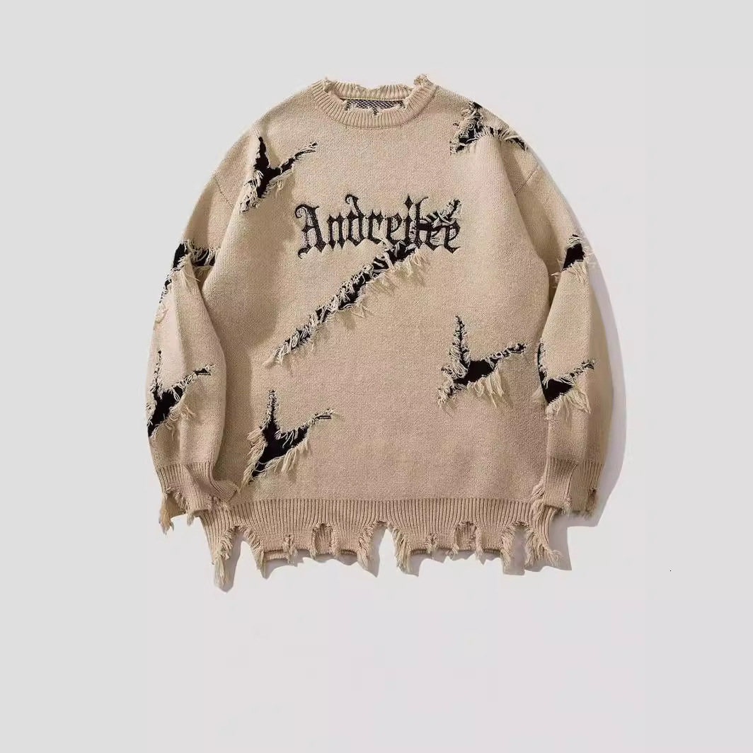 Men's Streetwear Loose Fit Sweater With Letter Embroidery, Scratches And Holes, Autumn And Winter