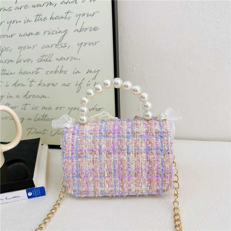 Novice Bag Mini Purse Lattice Girls Bag Wool Bag for Childrens Pink Girls Purses and Pearl Handheld Shoulder Bag W240906