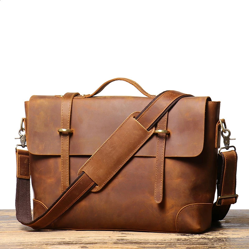 Leathfocus vintage leather briefcase fashion n mens New lightweight horizontal bag handbag 15 inch notebook 240906
