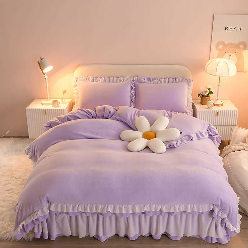 style double-sided PLUSH thickened milk PLUSH four piece bed sheet quilt cover coral PLUSH bedding autumn and winterX240907