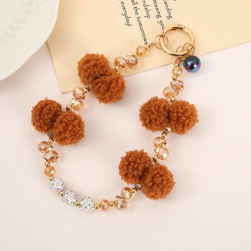 New crystal bead keychain pendant for autumn and winter plush mobile phone rope, anti lost bag chain hanging accessories
