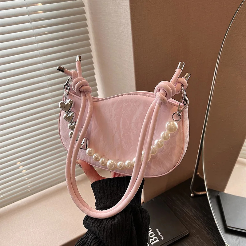 Niche Small Bag Womens 2024 Spring Trend Versatile Small Square Bag Fashion Pearl Wave Shoulder Support Handbag 240904