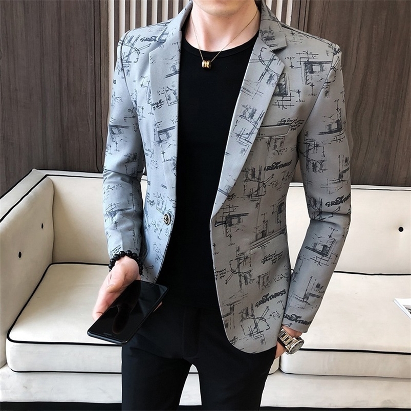 Men Blazer 2024 Spring Fashion Highquality Korean Version of The Printed Slim Formal Wedding Party Prom Suit Jacket y240906