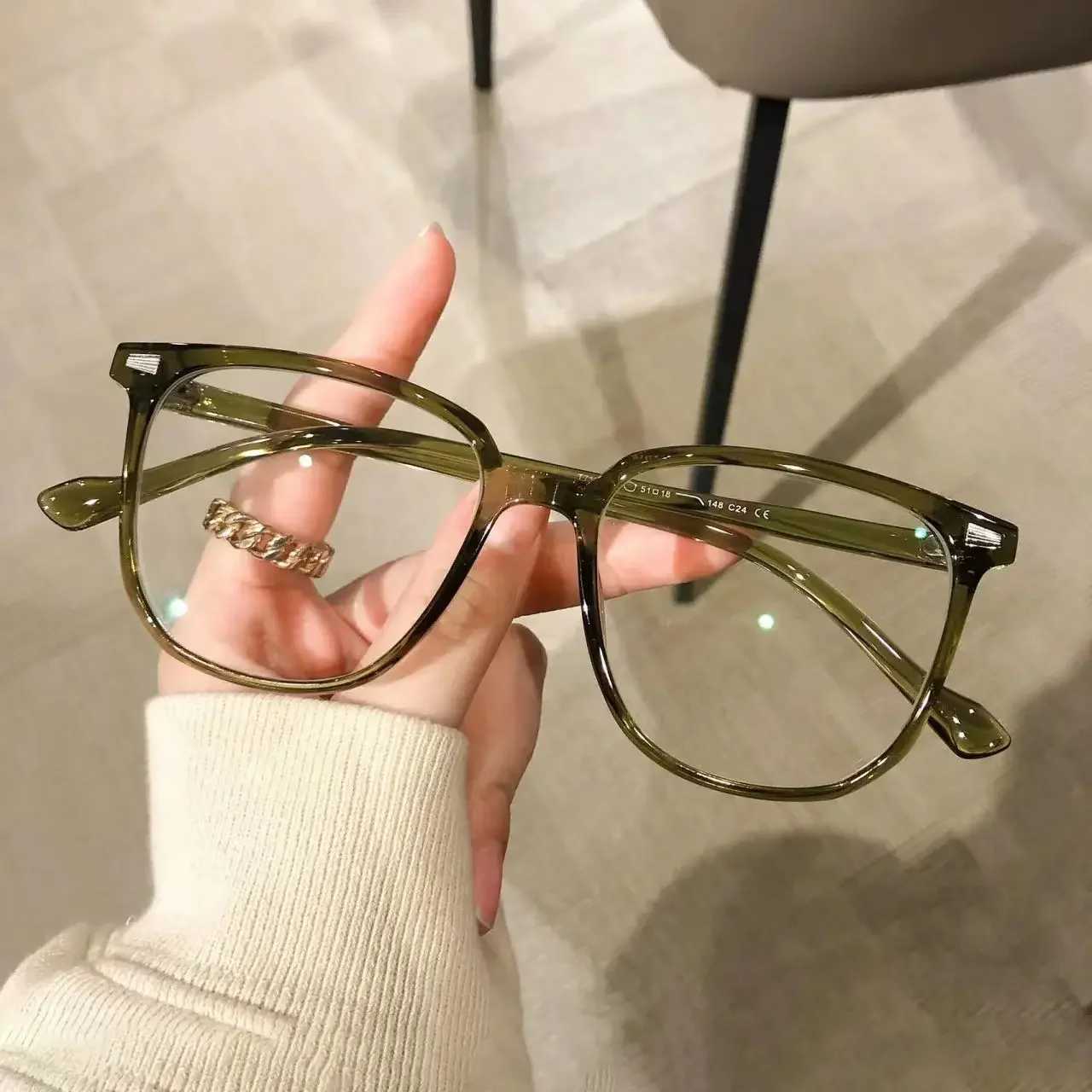 2024 Trondi Olive Green Square Finished Myopia Womens Ultra Light PC Frame Anti Blue Light Prescription Glasses W240906