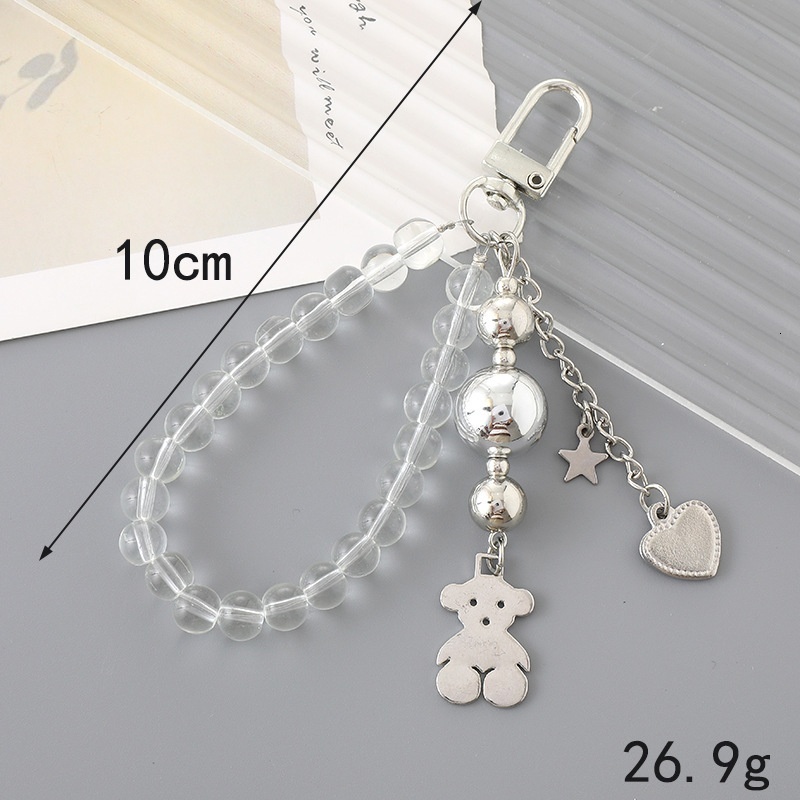 Creative New Pearl Heart Pendant Black and White Beaded Bear Chain Rope Phone Case Keychain Hanging Accessories
