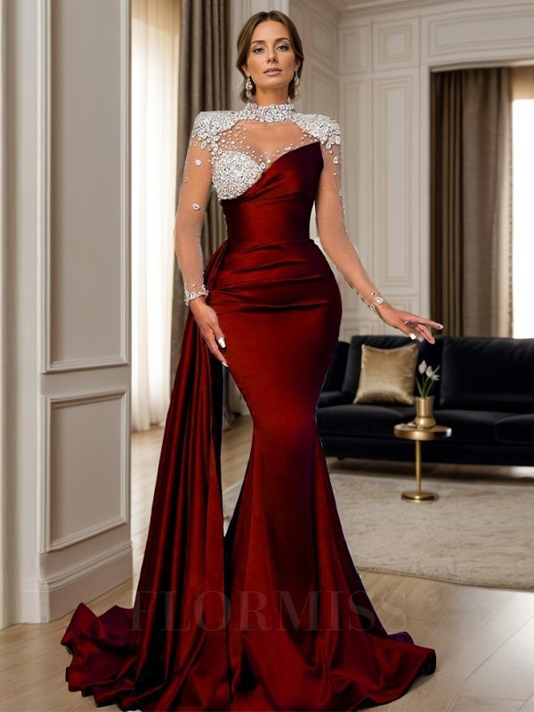 Sexy Illusion Long Sleeves Prom Dresses Sparkly Sequins Beading Evening Gowns Glitter Purple Ruffled Prom Dress For Formal Occasion Gown Vestido De No