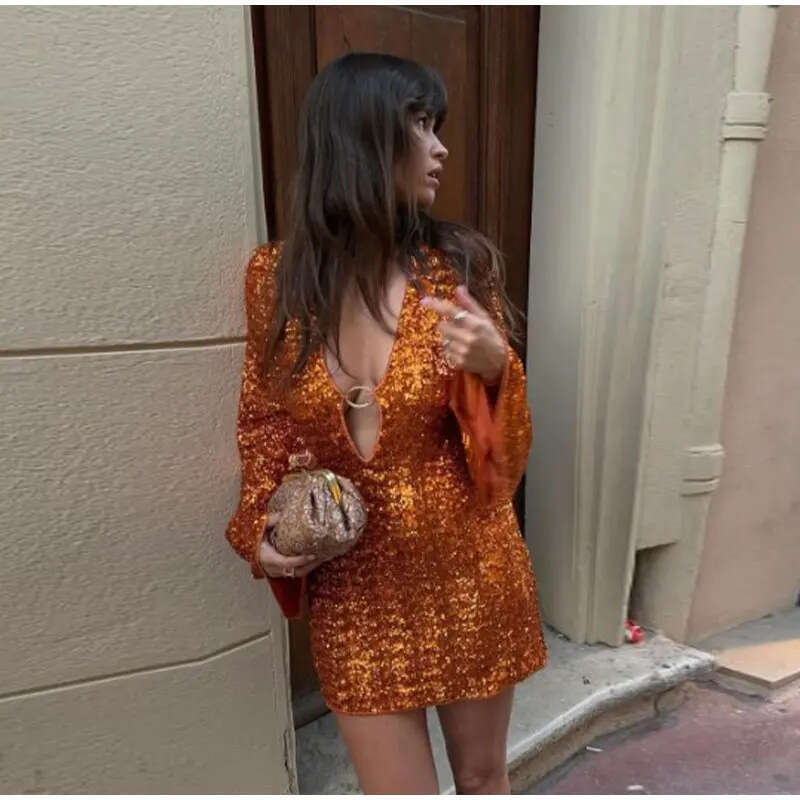 2024 Women's Autumn Personalized Street Sexy Hollow sequin Mini Dress 8