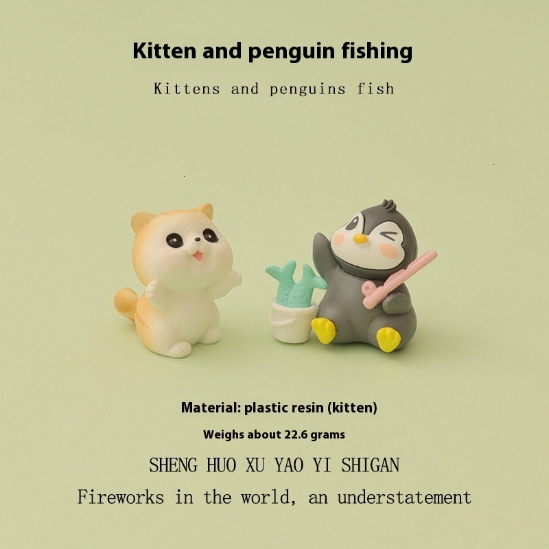 New Creative Cute Ins Kitten Penguin Fishing Micro Landscape Gardening DIY Home Decoration Desktop Ornament