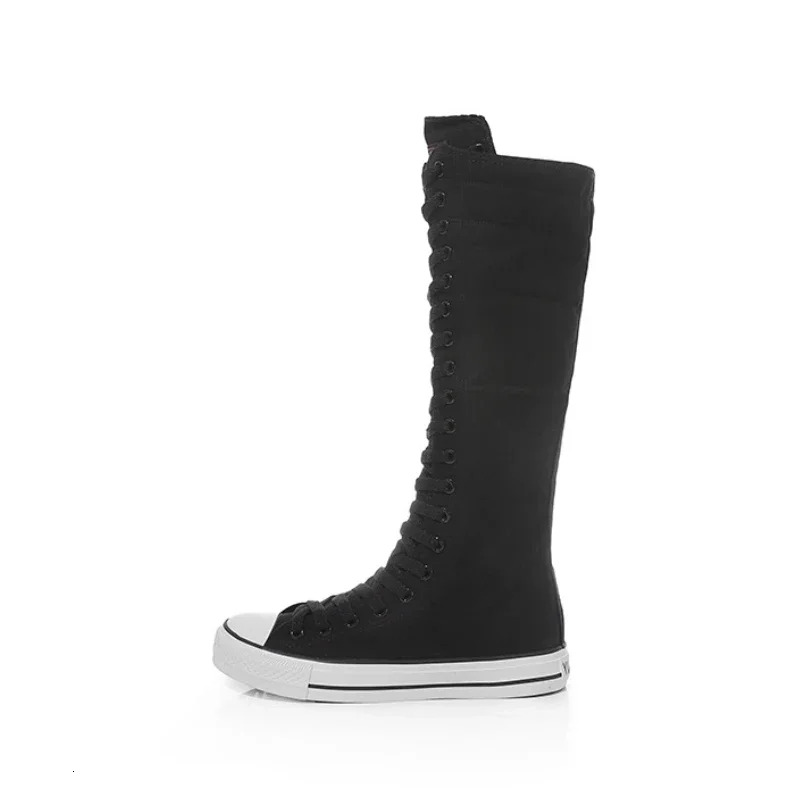 New Women Fashion High Top Flat Canvas Shoes Korean Knee-High Boots Plus Size 42 43 Ladies Dance Shoe