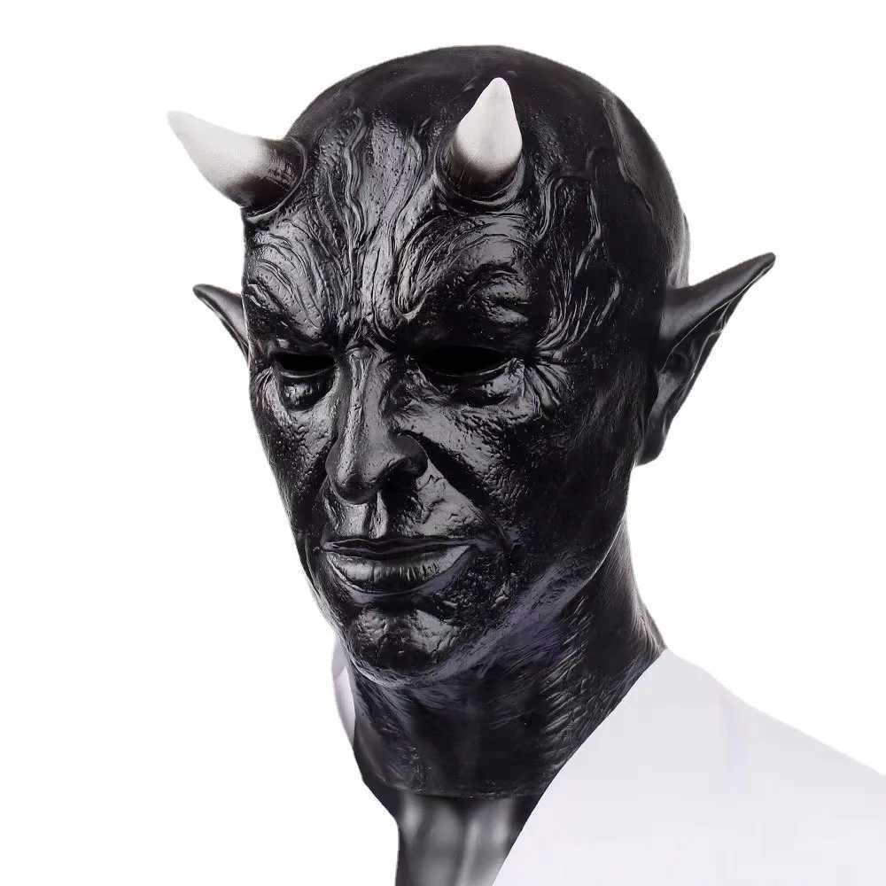 Terror Demon Horn Mask Horror Dark Skin Devil Killer Latex Helmet Masquerade Carnival Halloween Cosplay Party Costume Adult Prop M240906