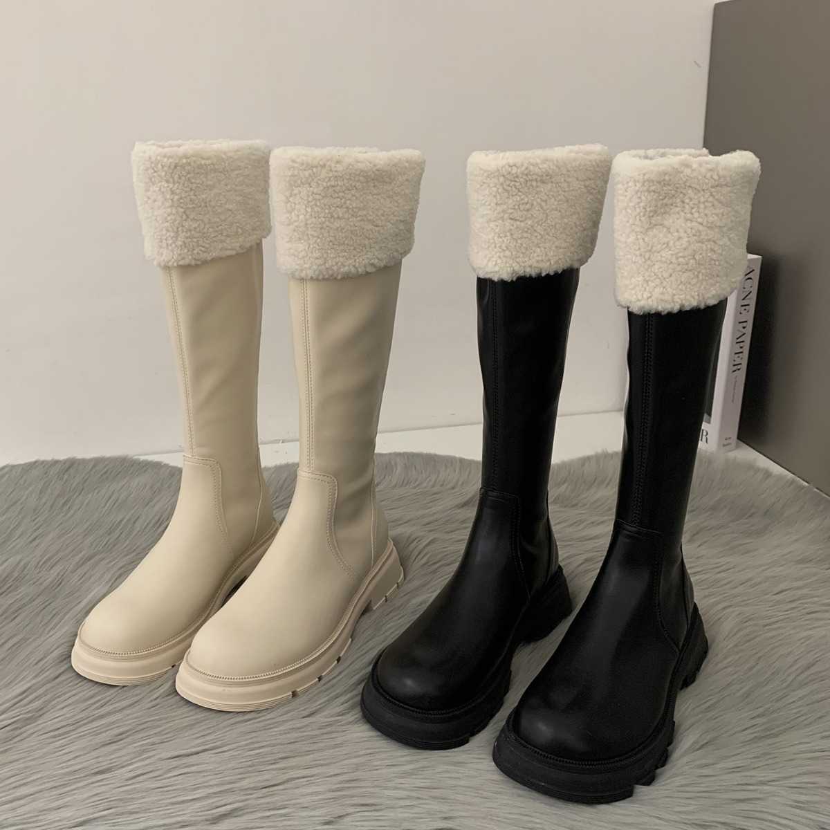 CMM Thick Soled Snow Boots White Fur Shoes Boys Velvet Cotton Boots Long Boots Knight Boots