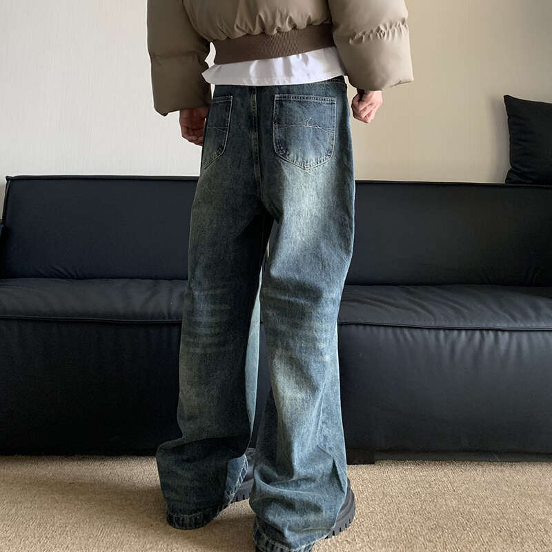 American Washed Niche Printed Men's Jeans Trendy Loose Designer Straight Leg Pants 2024 Letter Design Male Trousers