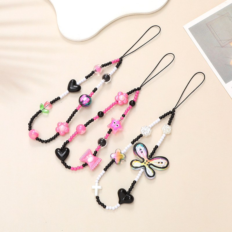 INS Pink Millennium Style Y2K Sweet Spicy Girl Phone Beaded Mobile Cordage Portable Hanging Chain Pendant Female