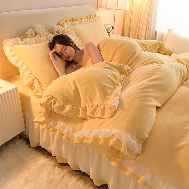 style double-sided PLUSH thickened milk PLUSH four piece bed sheet quilt cover coral PLUSH bedding autumn and winterX240907