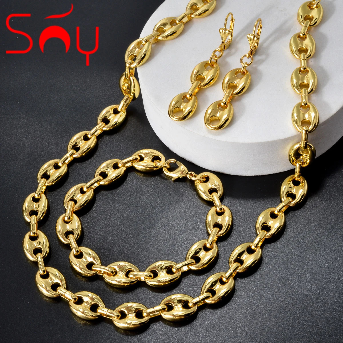 Sunny Jewelry Set 18K Gold Plated Coffee Bean Chains Necklaces Bracelet Earrings Pig Nose Necklace Bracelet Drop Earrings Gift 240826