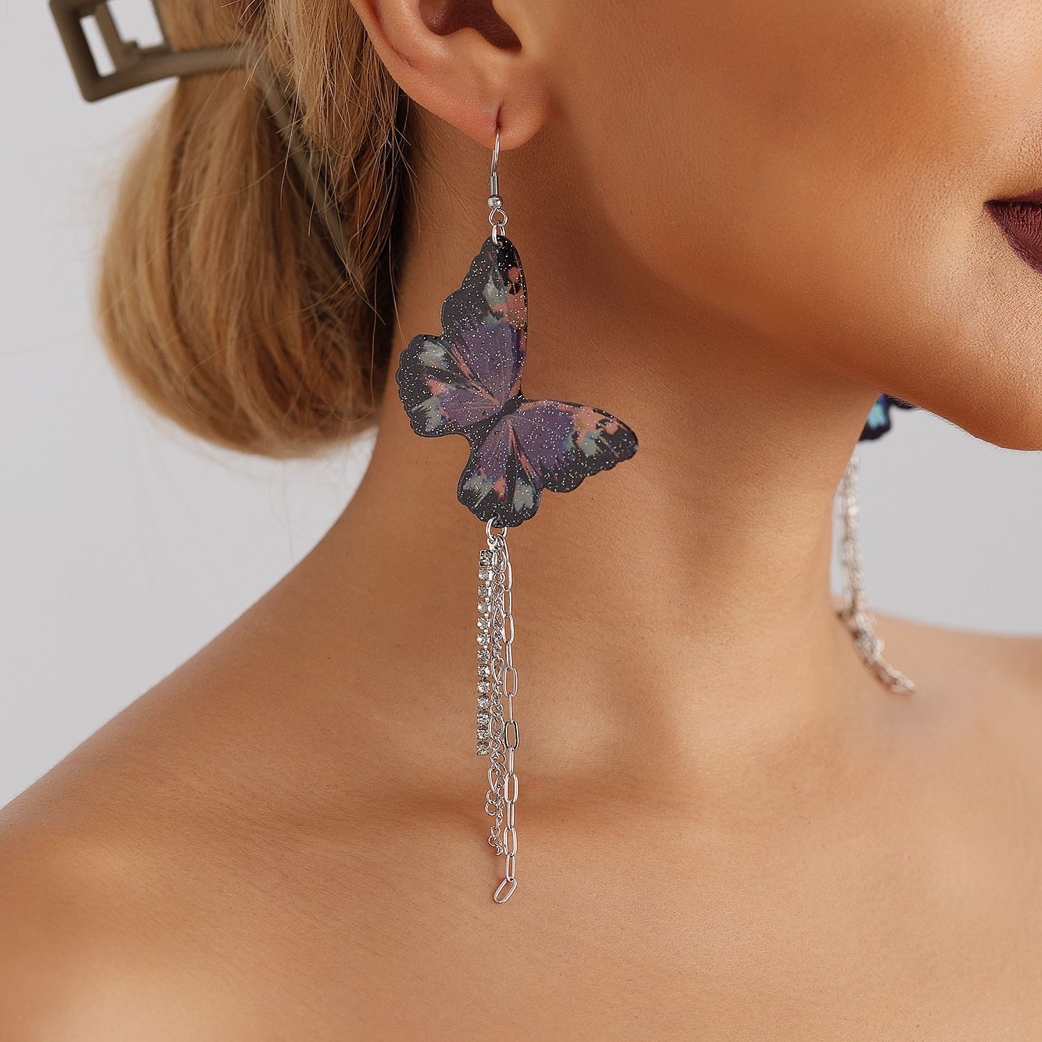 Butterfly Vintage Dangle Chandelier Earrings For Women Purple Crystal Tassel Chain Fashion Drop Jewelry Dropshipping Ladies Party Birthday Club Weddin
