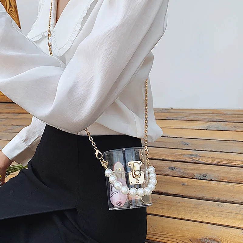 Mini Womens High Quality Transparent Crossbody Bag Female Pearl Handbag Chain Shoulder Messenger Bags Purse 240906