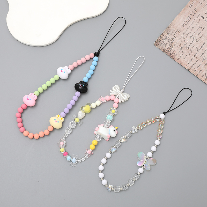 Yilian's new butterfly bow mobile chain, colorful bead phone case, rope, short and cute hanging chain bag decoration for women