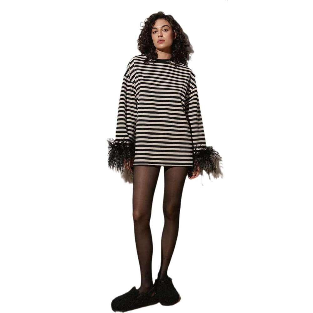 2024 new black white striped round neck sweater niche ostrich fur loose sexy pullover knitted top for autumn and winter