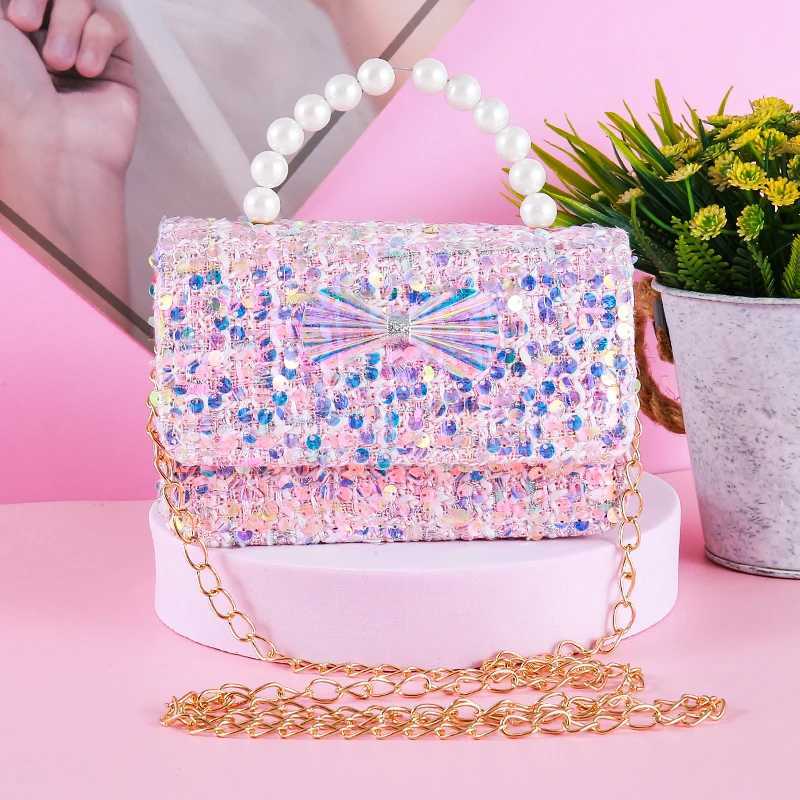 2024 New Girl Mini Wallet Cute Laser Bow Childrens Princess Cross Body Bag Childrens Day Baby Pearl Handbag W240906