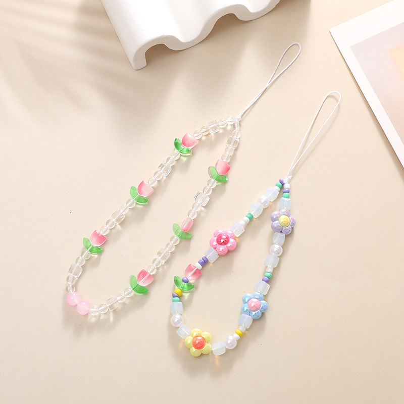 Korean version of early spring pink tulip flower girls, bead chain mobile phone case hanging ornament for girls