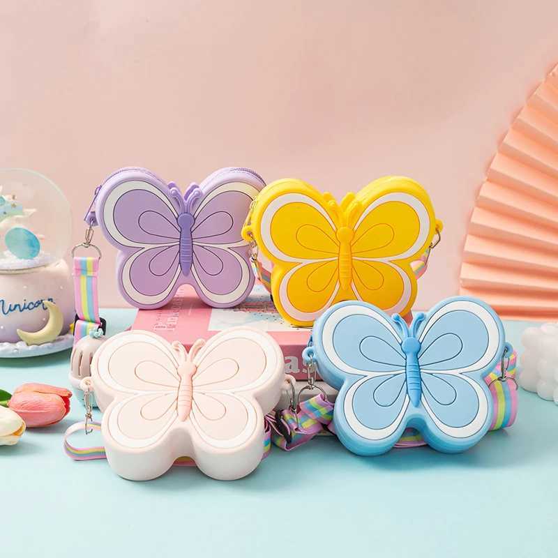 Cute childrens silicone shoulder bag cute butterfly shaped baby girl cross bag candy color childrens mini coin wallet W240906