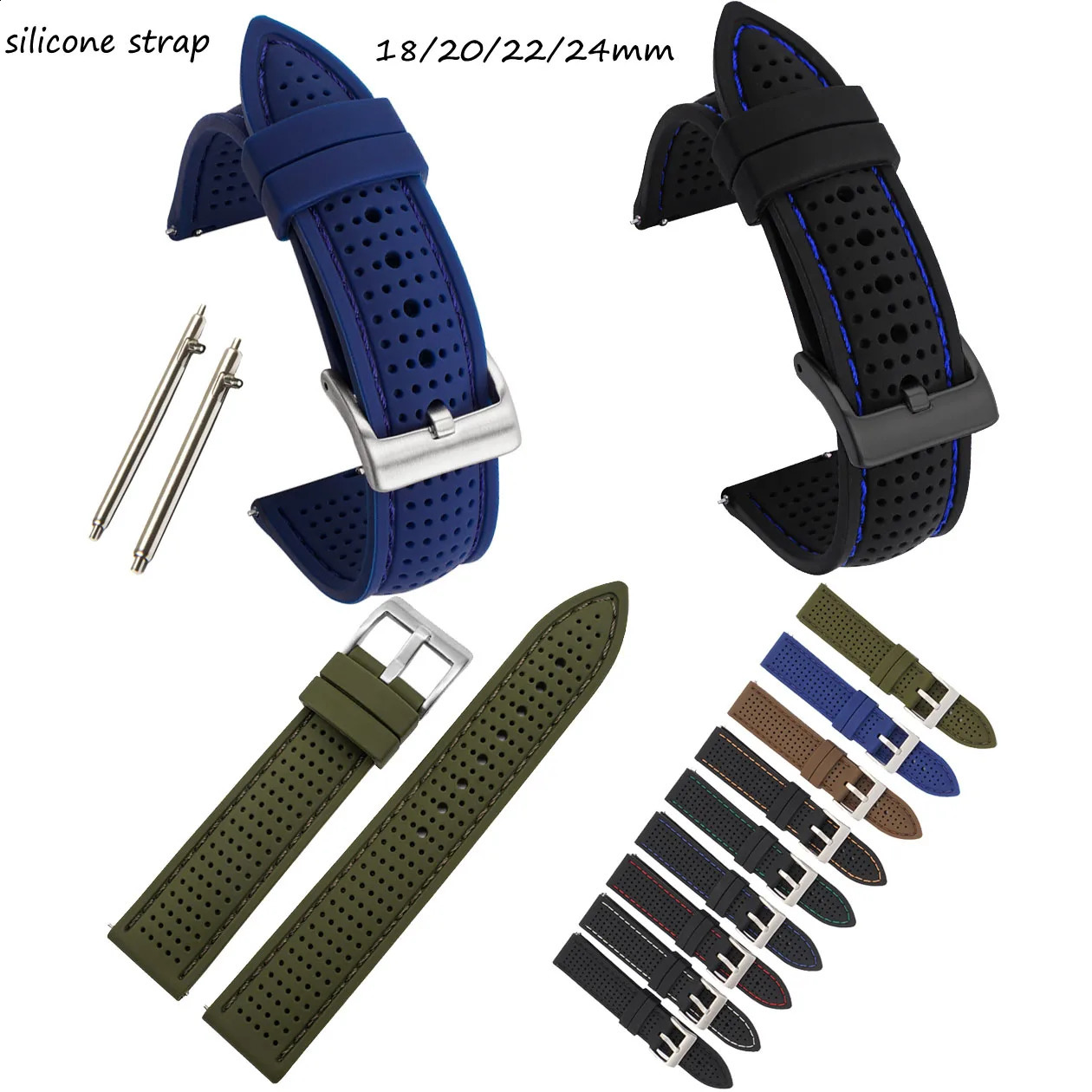 18mm 20mm 22mm 24mm Soft Silicone Rubber Watch Band Strap Sports Breathable Wristband Women Men Watchband Bracelet with Pins 240906