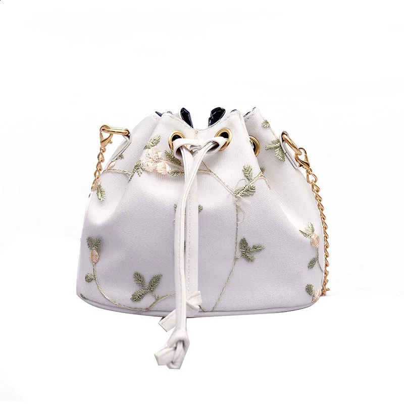 Bohemian style canvas drawstring bucket bag pearl shoulder bag womens messenger bag 240904