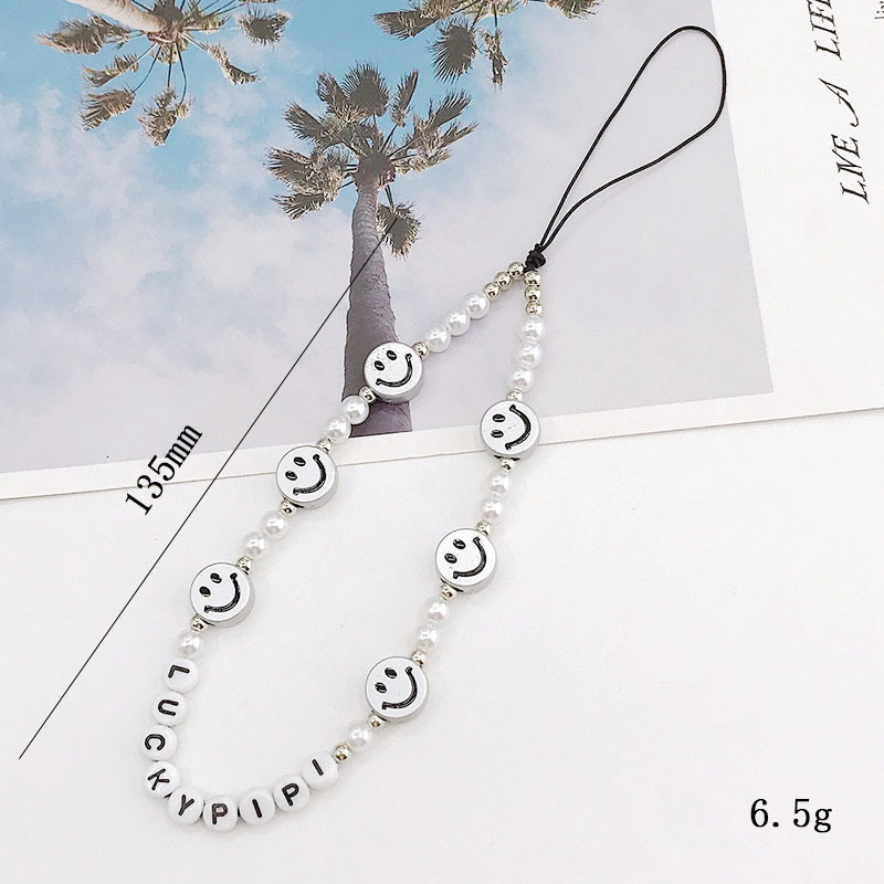Yilian new smiley face chain pearl short hand rope anti fall letter bead phone hanging accessory