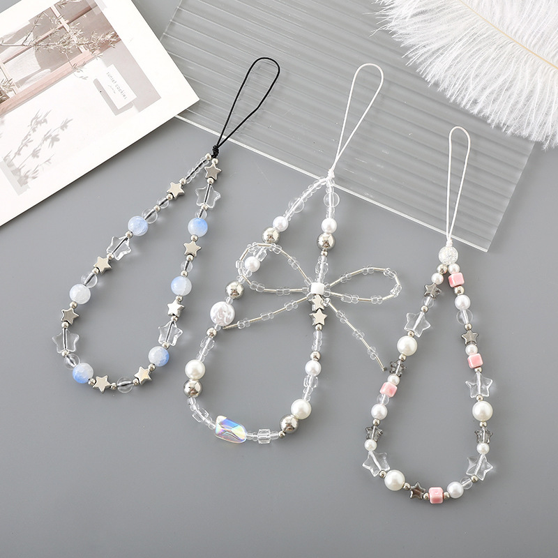 Creative new pearl bow bead chain, small, fresh, sweet, five pointed star rope, mobile phone hanging chain