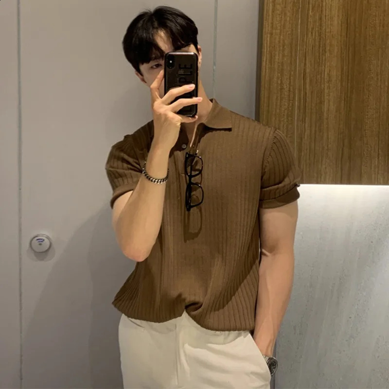 Hong Kong Sle Lapel Polo Shirt Short sleeve Mens Fashion Loose Casual Summer Thin Solid Knit T-shirt Bottoming Shirt 240826