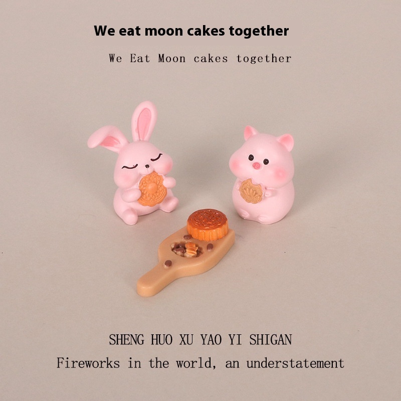 Cute Greedy Pig Mooncake Rabbit Micro Landscape Baby House Food and Play Scene Creative Resin Crafts Home Decoration