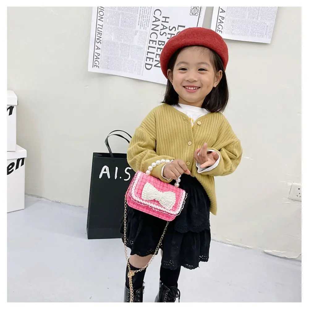 Cute flower pearl handbag childrens shoulder bag butterfly bow childrens square cross shaped bag W240906