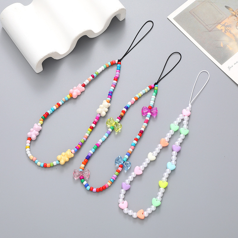 Beaded chain candy colored teddy bear bow mobile phone case hanging ornament anti fall hand rope for women