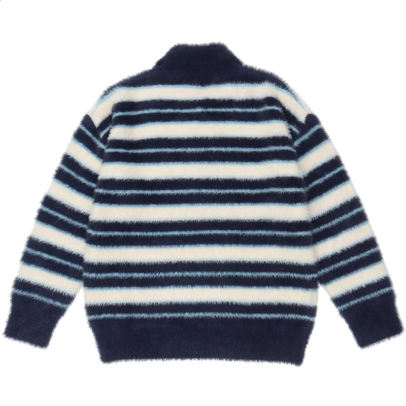 Harajuku Knitted Sweater Mens Y2K Mohair Pink Striped Turndoor Collar Pullover College Style Casual Loose Parachute Winter Top 240907