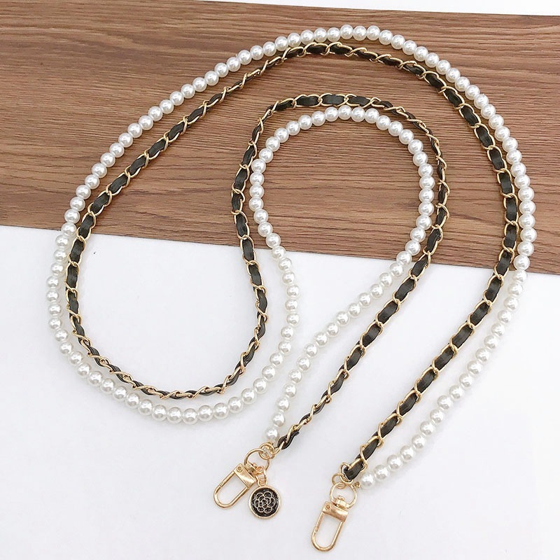 Yilian's new small fragrant style pearl diagonal cross leather rope phone case accessory hanging chain anti fall single shoulder strap