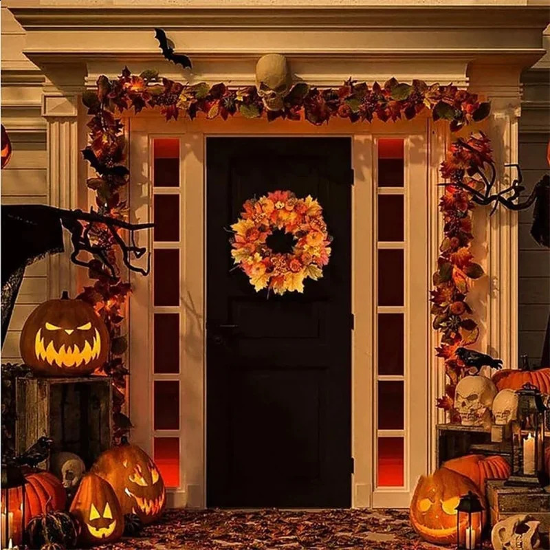 Okra farmhouse garden autumn pumpkin harvest front door wall hanging Christmas wreath home decoration 240929