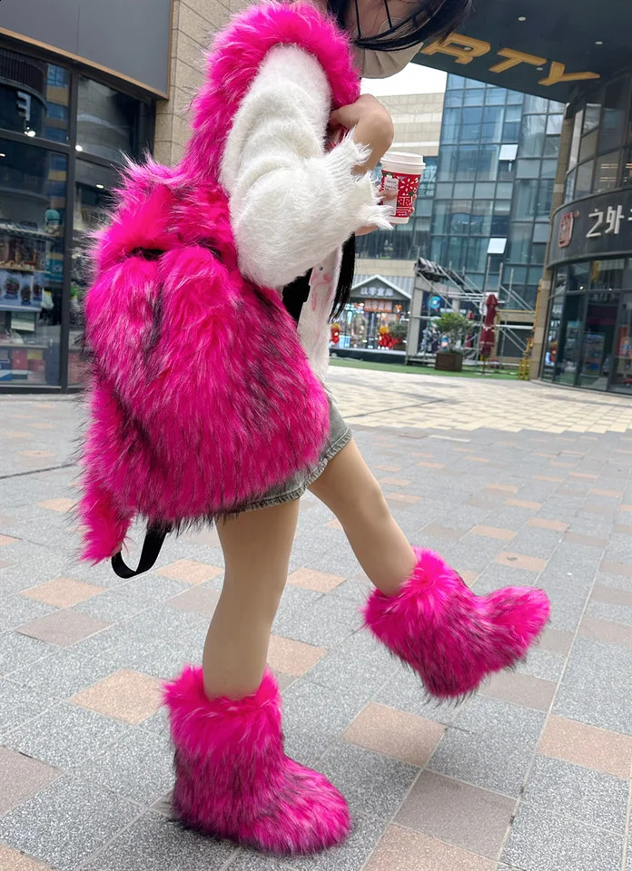 Womens artificial fur backpack Kawaii wool fabric school bag Y2k Korean travel girl fluffy cute plush winter 240906
