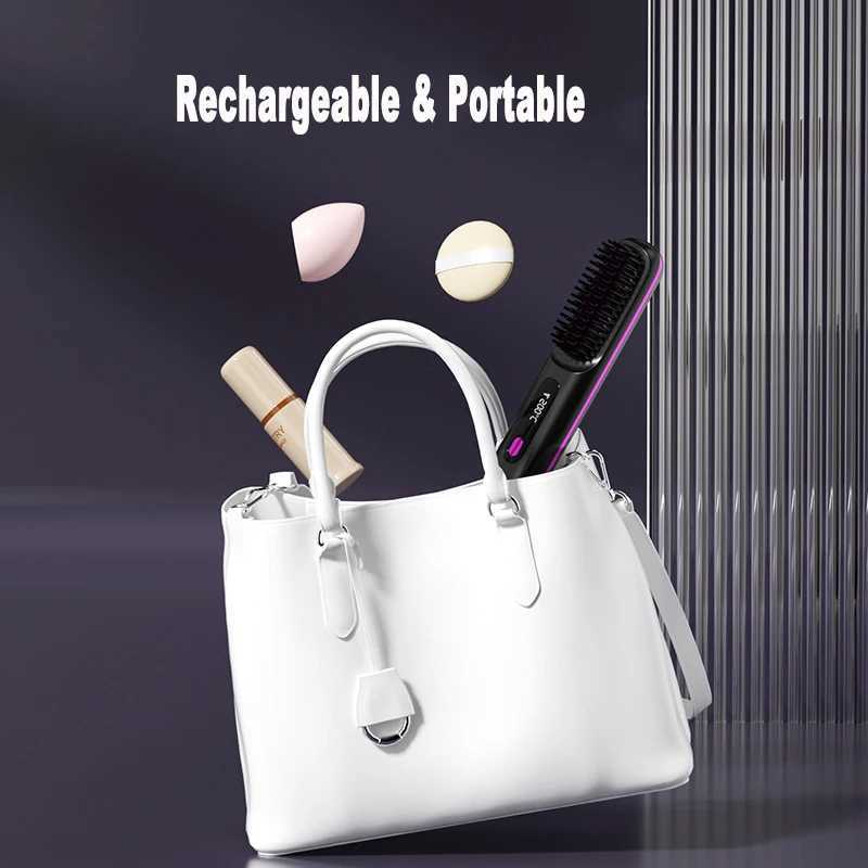2 In 1 Straight Hair Comb Wireless Hair Straightener Brush Hair Fast Heating Portable Hot Curler USB ChargingXJ241016