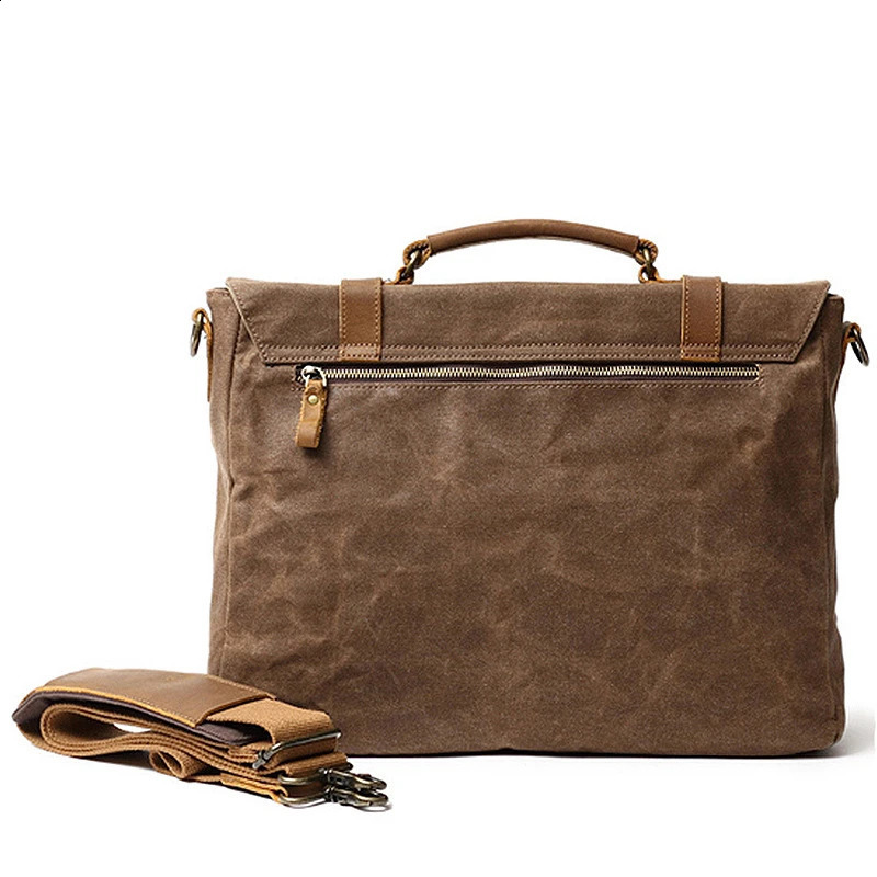 Genuine leather mens canvas briefcase casual shoulder cross laptop handbag retro travel messenger JYE270 240906