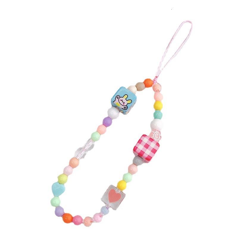 Yilian's new printed block bunny chain short bead phone anti fall hand rope hanging ornament pendant