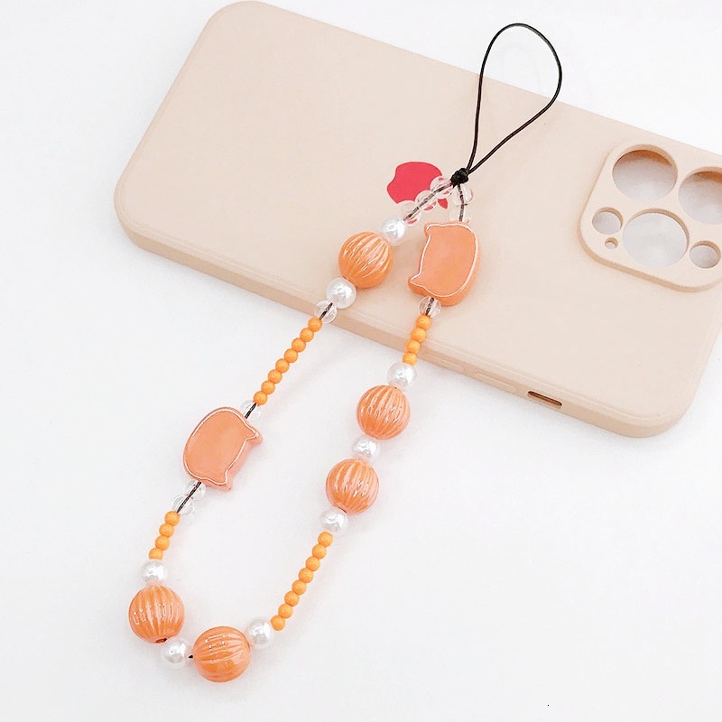 Yilian Creative Pearl Cat Head Chain Pumpkin Beads Hanging Anti Drop Hand Rope Phone Case Pendant Female
