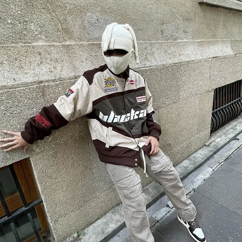 American style printed letter bomber jacket racing suit mens spring and autumn loose couple streetwear Korean fashion 240904